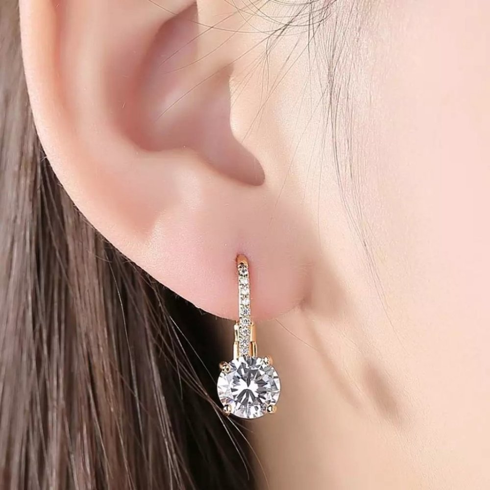 Yellow Gold Clear Brilliant AAA Zircon Clip Earrings - Picture 2 of 4